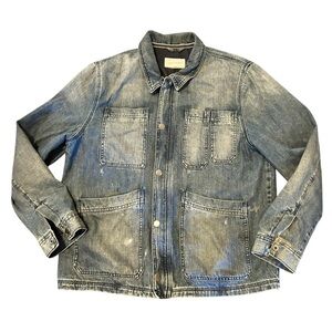SUN+STONE Trucker Jean Jacket Long Distressed Zip Snaps Pockets Unisex Sz L VGC
